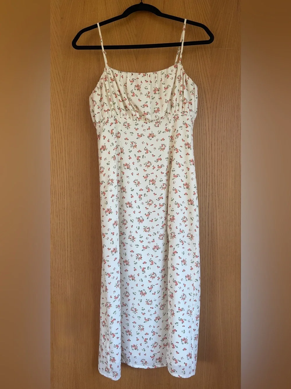 Romantic Cream Midi-length Dress with Pink Floral Print